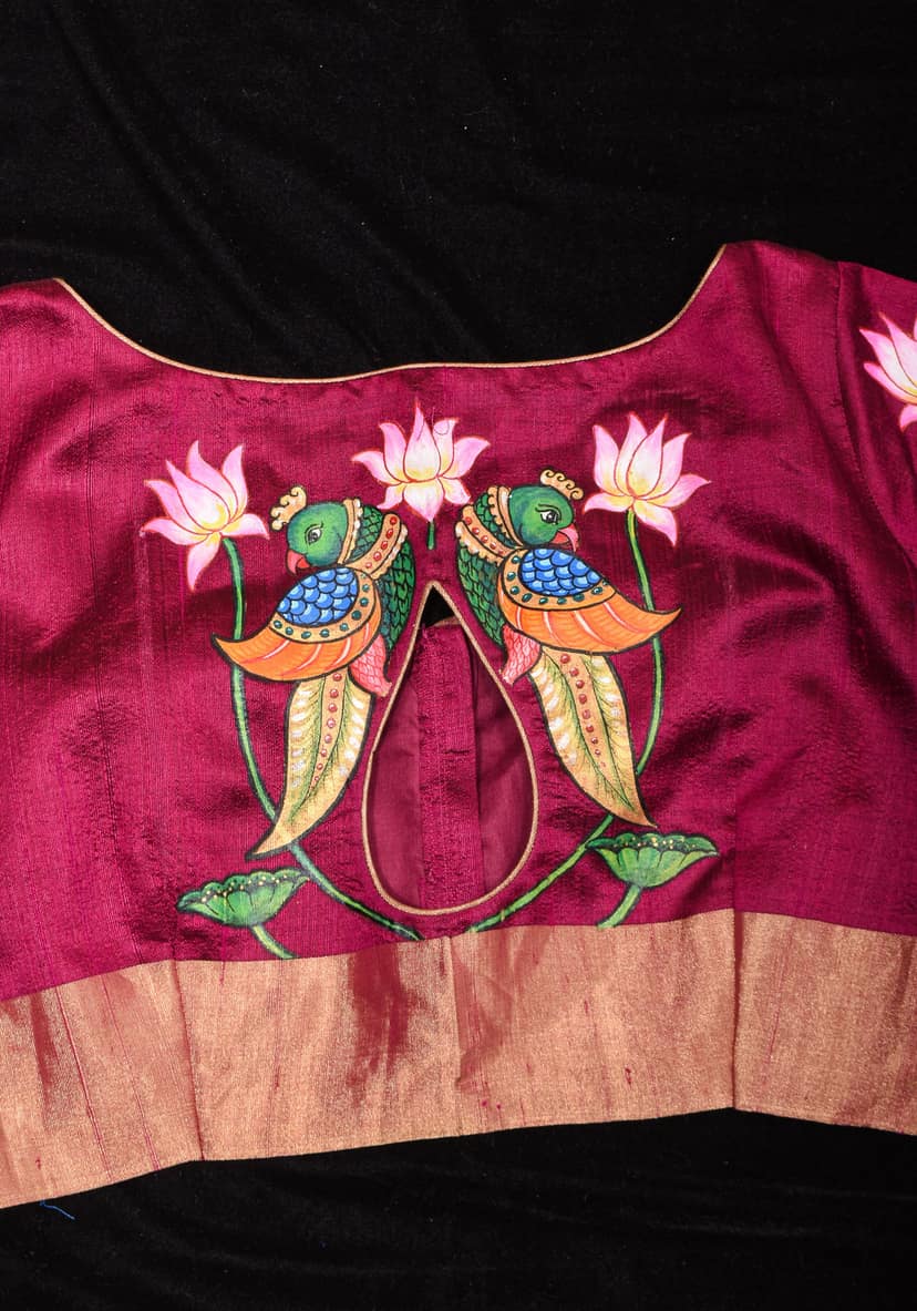 Tanjore Parrots - Pure Raw silk blouse with Handpainting and cutout design, Made to Order view 8