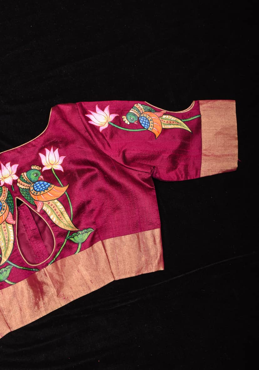 Tanjore Parrots - Pure Raw silk blouse with Handpainting and cutout design, Made to Order view 9