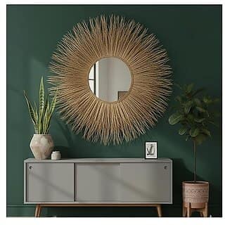 Natural Rattan Sunburst Wall Mirror, Round, Woven Straw Frame, Boho Decor
