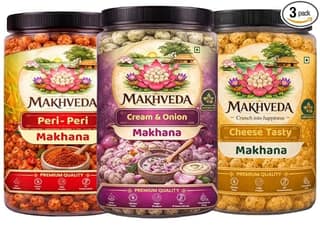 MAKHVEDA - Superfood Fire and Fun Combo Makhana Roasted Fox Nuts Popped Lotus Seeds Healthy Snack Low Calorie High Protein Gluten Free Crunchy & Delicious Flavours Peri Peri Cheese Cream & Onion Roasted In Olive Oil