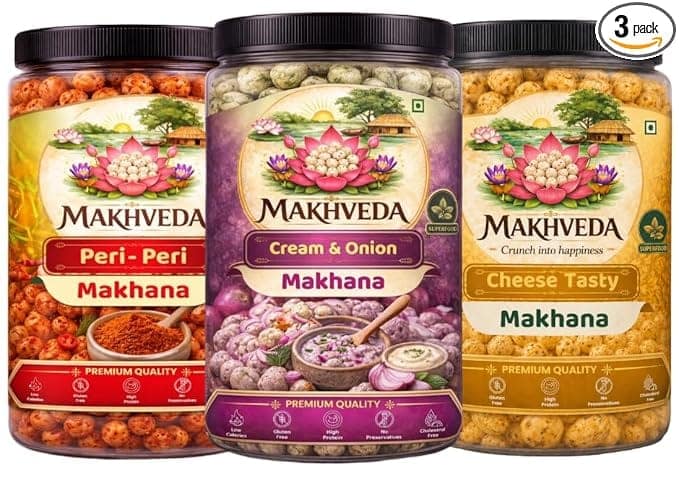 MAKHVEDA - Superfood Fire and Fun Combo Makhana Roasted Fox Nuts Popped Lotus Seeds Healthy Snack Low Calorie High Protein Gluten Free Crunchy & Delicious Flavours Peri Peri Cheese Cream & Onion Roasted In Olive Oil
