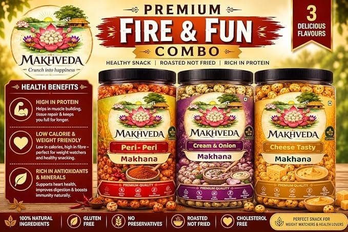 MAKHVEDA - Superfood Fire and Fun Combo Makhana Roasted Fox Nuts Popped Lotus Seeds Healthy Snack Low Calorie High Protein Gluten Free Crunchy & Delicious Flavours Peri Peri Cheese Cream & Onion Roasted In Olive Oil view 3