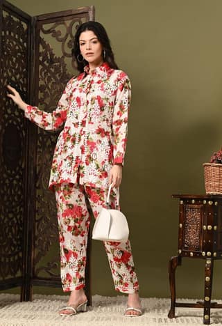 Chikankari Cord Set in Mulmul Set - Floral Print Red