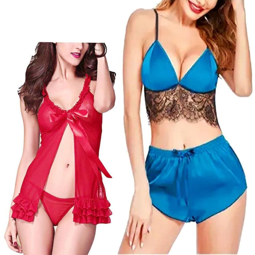 Babydoll Night dress with panty Stylish Nikar bra set for women girls Combo Pack 2 view 8
