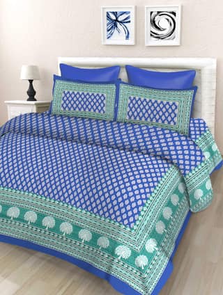 Lali Prints Blue Green Printed Cotton 130 TC Queen Bedsheet With 2 Pillow Covers