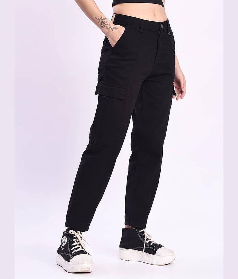 Bene Kleed Women Cotton Casual Trousers ( Black ) view 3