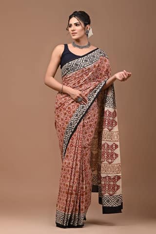 Bagru Handblock Printed Cotton Saree With Blouse