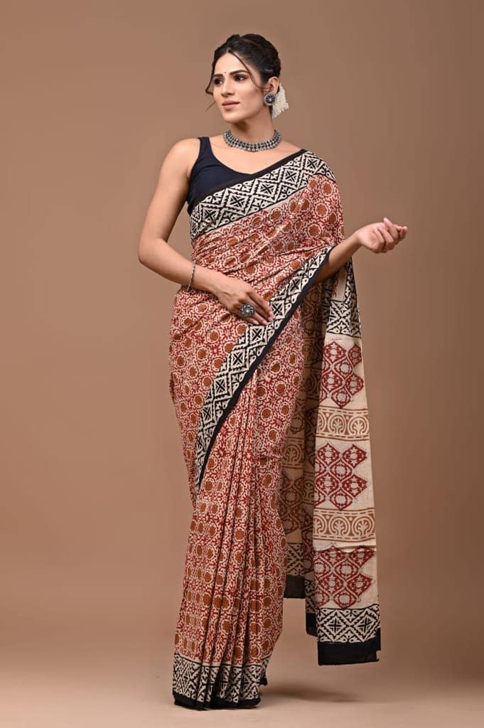 Bagru Handblock Printed Cotton Saree With Blouse