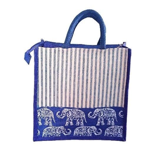 Blue & White Striped Elephant Print Tote Bag (T)
