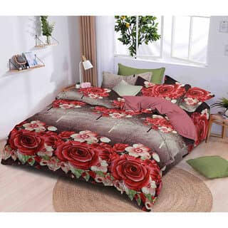 Black Bee Red Rose Print Double Bedsheet With 2 Pillow Covers (208 X 213 Cm)(Bs32-05)