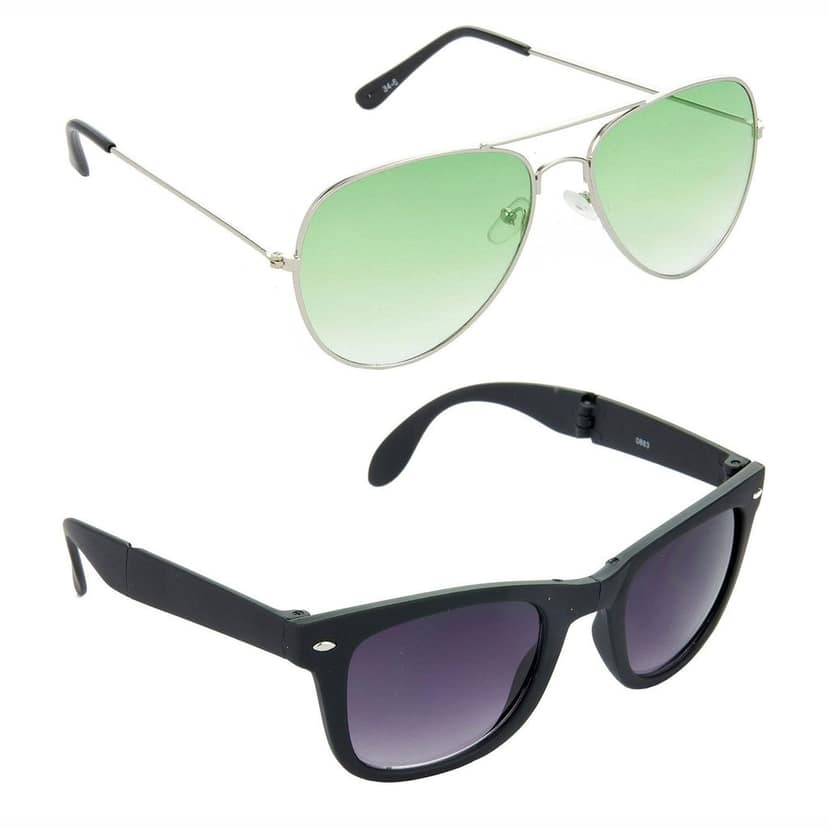 HRINKAR Men Women Boys & Girls Pilot Sunglasses Silver & Black Frame, Green & Grey Lens (Medium) Pack of - 2