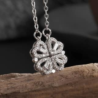 Jewelryklub Magnetic Folding Heart Shaped Four Leaf Clover Pendant Necklace Anti Tarnish Stainless Steel Silver