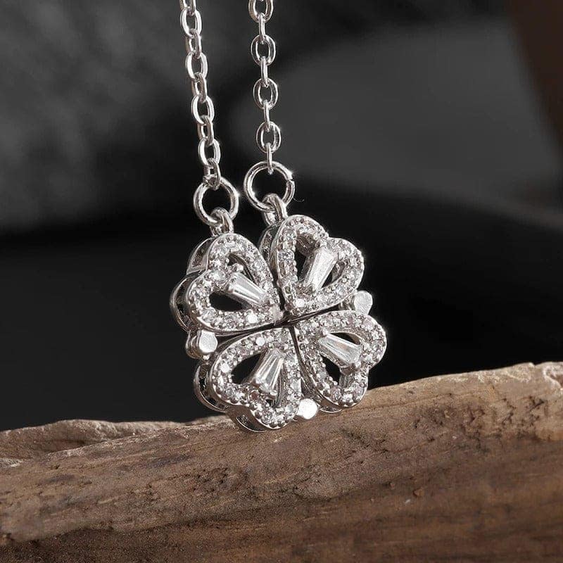 Jewelryklub Magnetic Folding Heart Shaped Four Leaf Clover Pendant Necklace Anti Tarnish Stainless Steel Silver