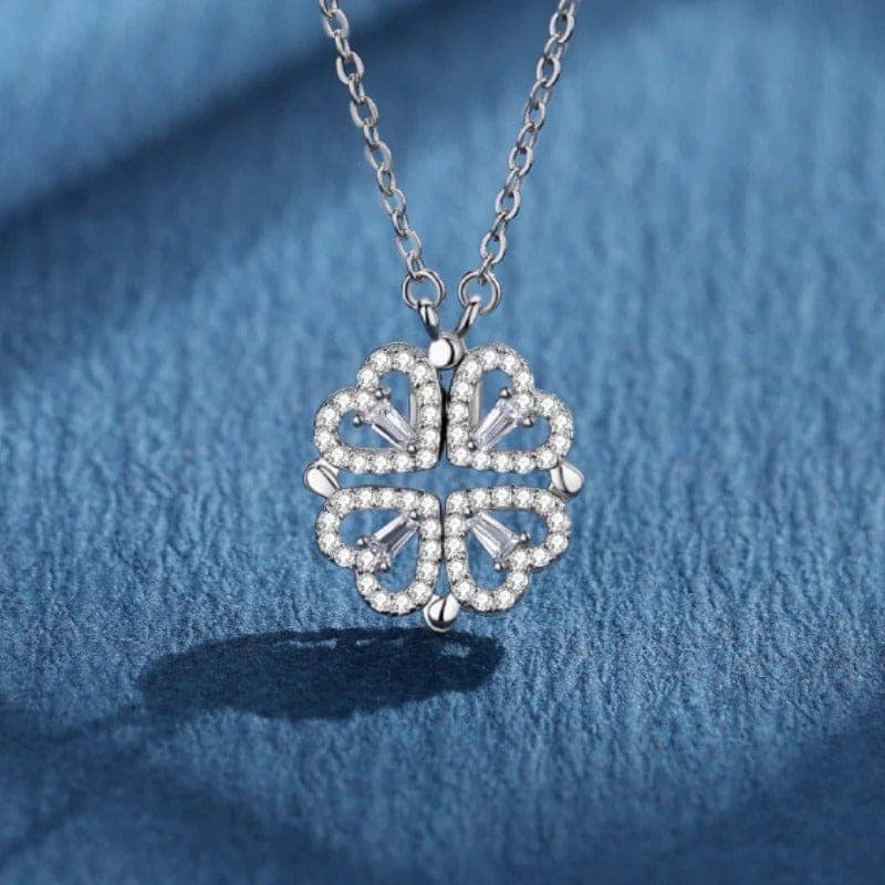 Jewelryklub Magnetic Folding Heart Shaped Four Leaf Clover Pendant Necklace Anti Tarnish Stainless Steel Silver view 4