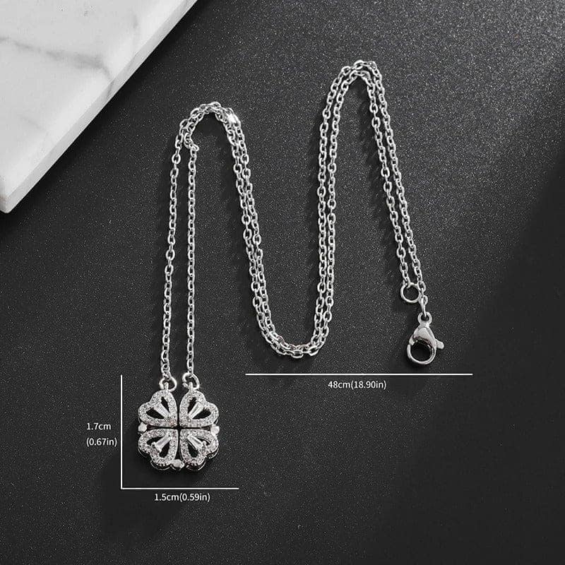 Jewelryklub Magnetic Folding Heart Shaped Four Leaf Clover Pendant Necklace Anti Tarnish Stainless Steel Silver view 5