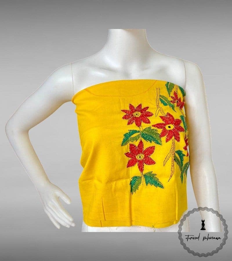 Yellow Bengal Kantha Hand Embroidered Blouse Piece for Sarees