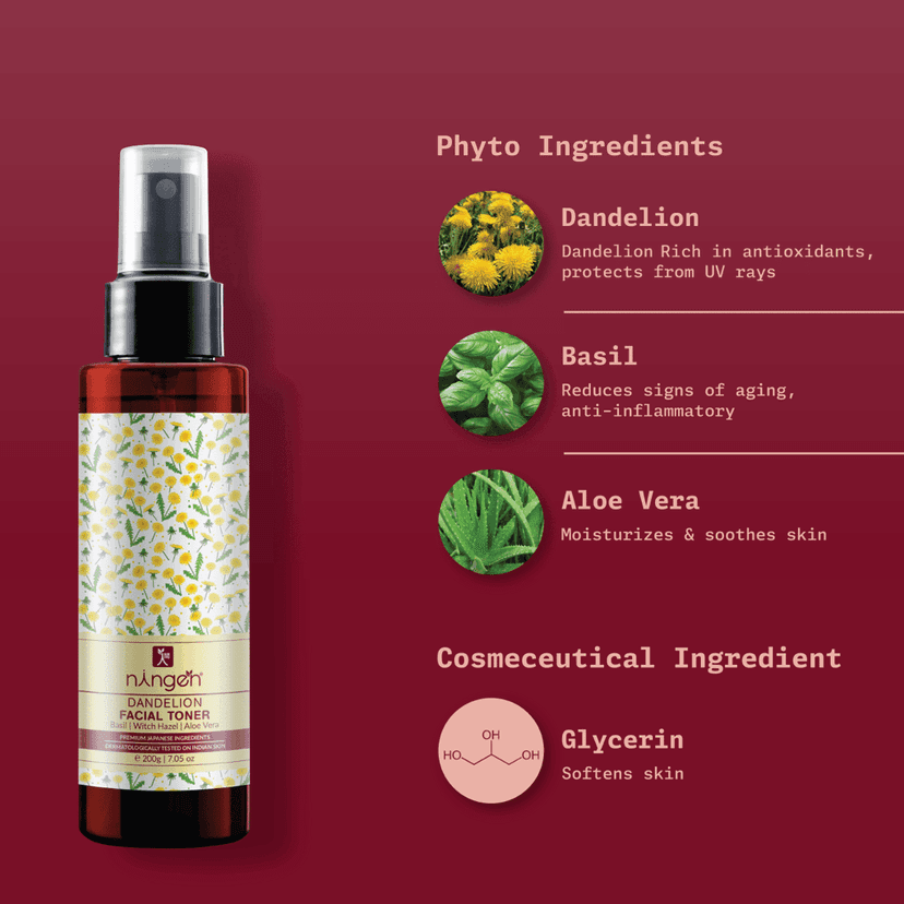 Ningen Dandelion Facial Toner I Enriched with Basil, Witch Hazel, Aloe Vera I Irritation Free, Paraben Free I Removes Excess Oil, Fine lines, Wrinkles I 200g view 4