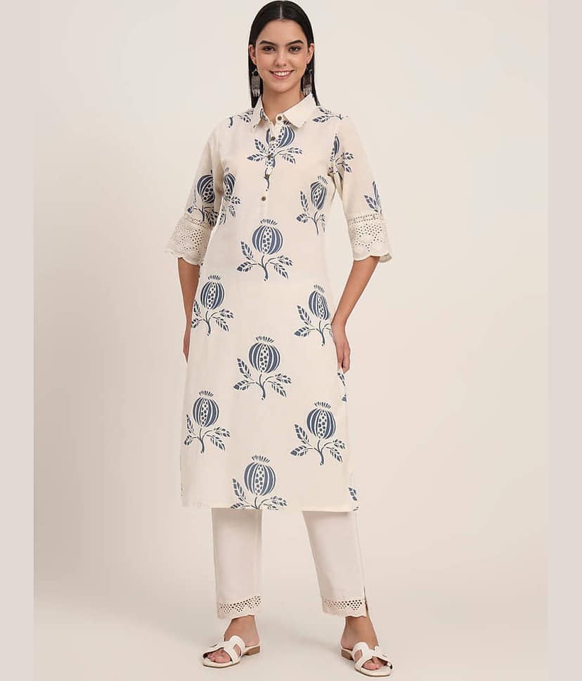 Divena Women Cotton Printed A-line Kurti ( Off White )