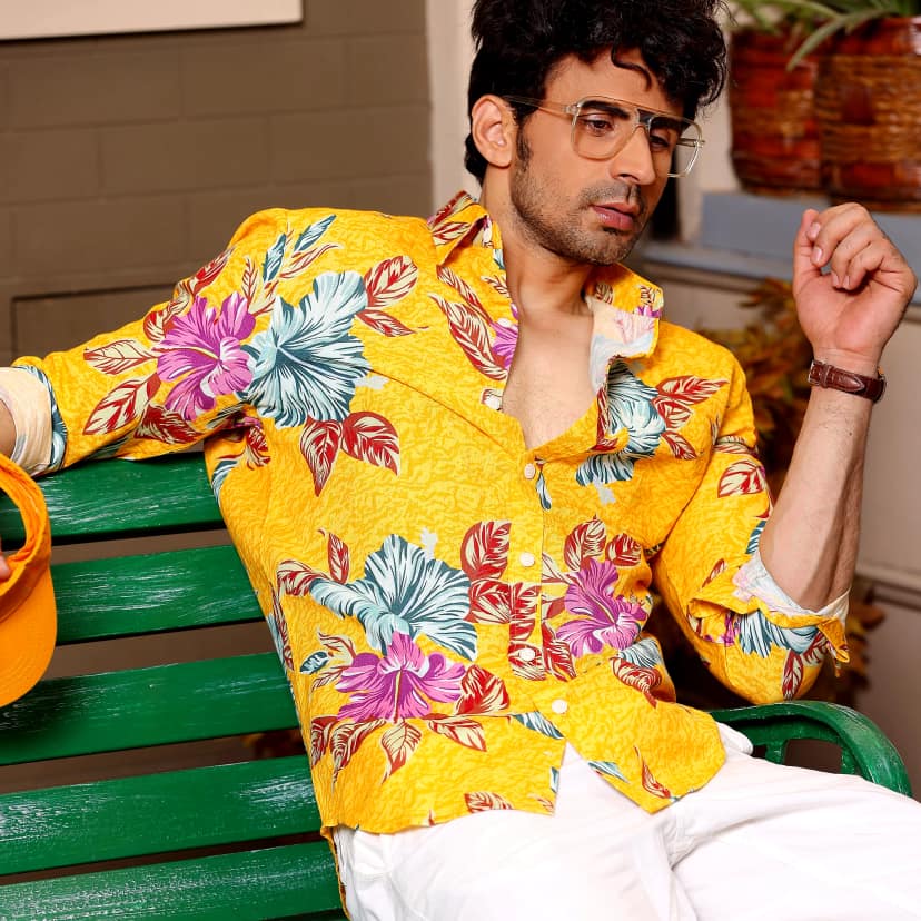 Hibiscus Flower Sunglow Yellow Casual Pure Linen Full Shirt (Size - M) by BLUE EAGLE