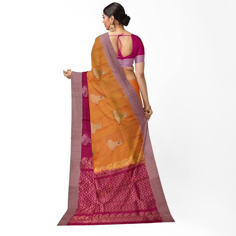Dark Yellow Beautiful Peacock Butta Kanjivaram Pure Silk Saree view 2