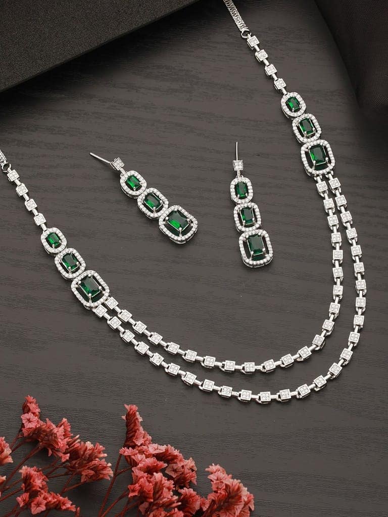Silver Plated Green Zircon Studded Double 2 Lined Bridal Luxe Jewellery set view 2