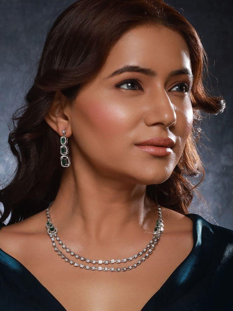 Silver Plated Green Zircon Studded Double 2 Lined Bridal Luxe Jewellery set view 3