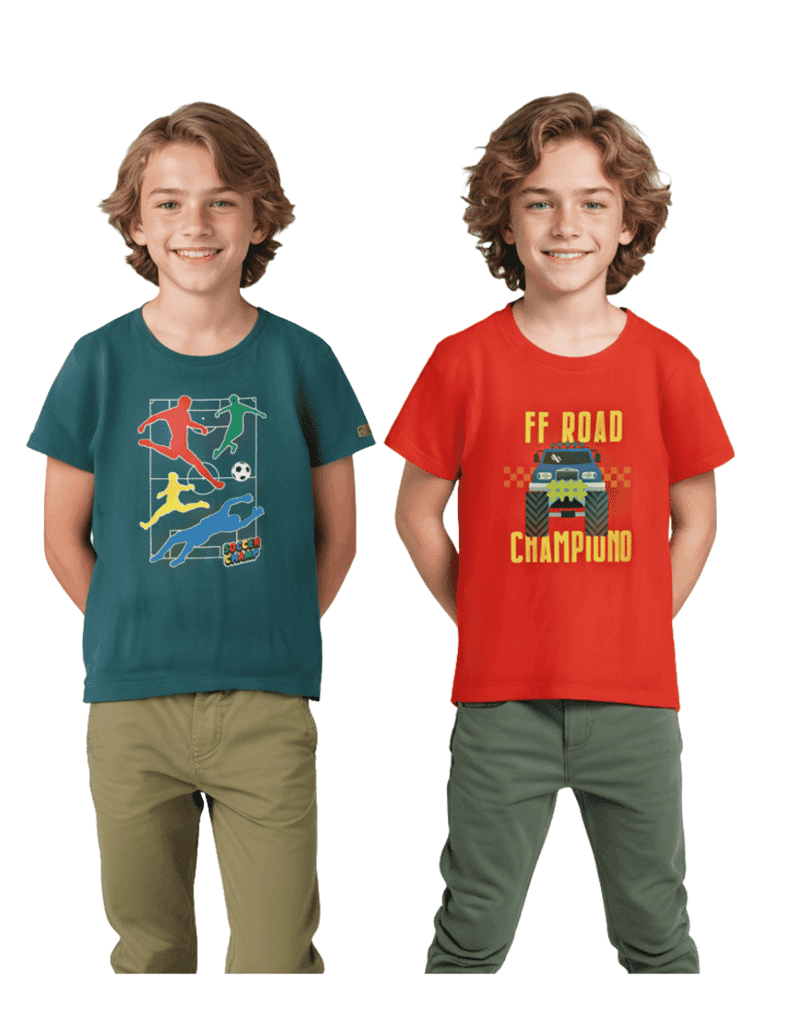 Boys T-Shirt Fiery Red / Blue Coral, Soft Cotton, Ages 7-14 (2pcs pack)