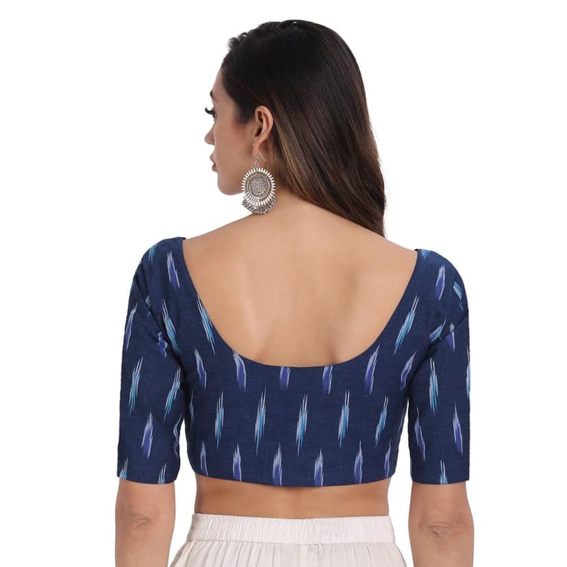 Ikkat Normal Cotton Elbow Length Sleeve Blouse, Navy Blue view 3