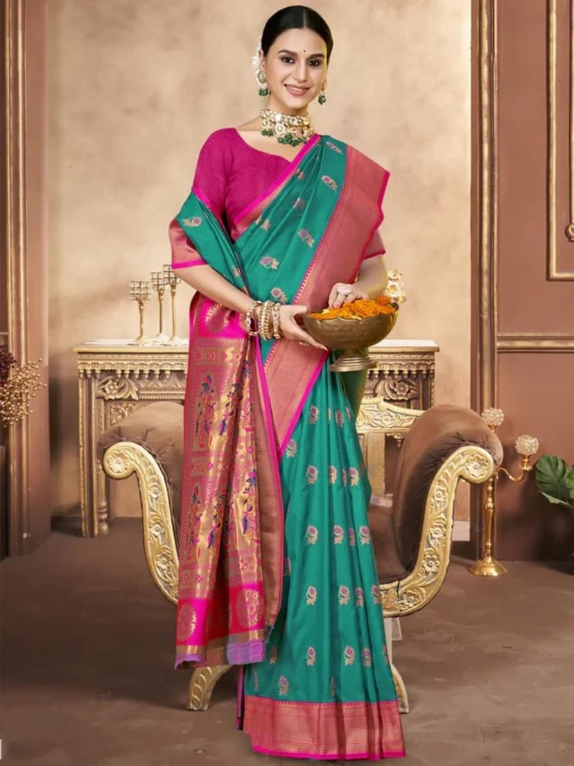 Teal Blue Silk Saree view 2