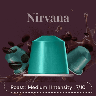 Nirvana Espresso Pods - Intensity 7/10 | Nespresso Compatible | Medium Dark Roast | 100% Specialty AA+ Beans | Aluminum Capsules