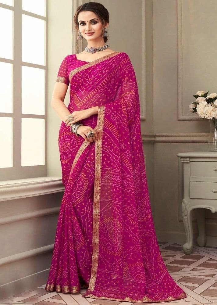 Bandhej Printed Chiffon Saree in Magenta