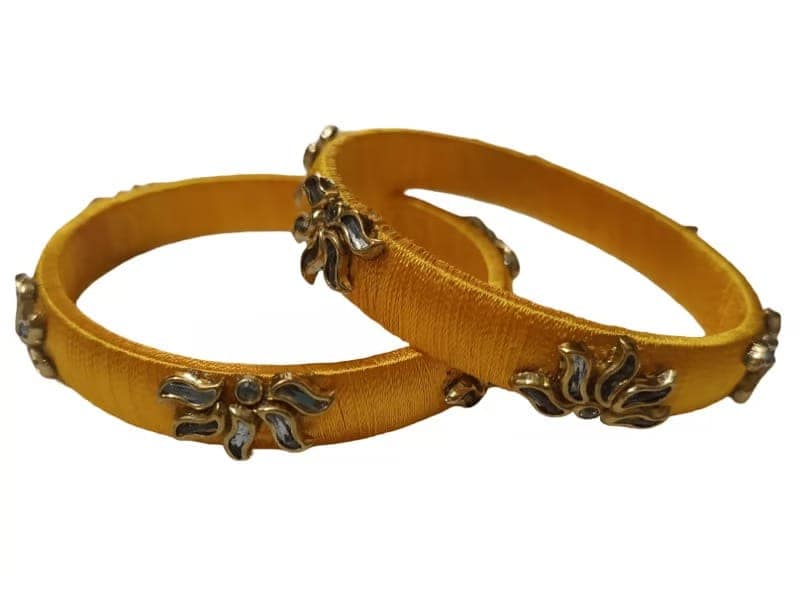 Vibrant Yellow Silk Thread Bangles with Floral Embellishments (Pair) view 2