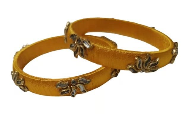 Vibrant Yellow Silk Thread Bangles with Floral Embellishments (Pair) view 3