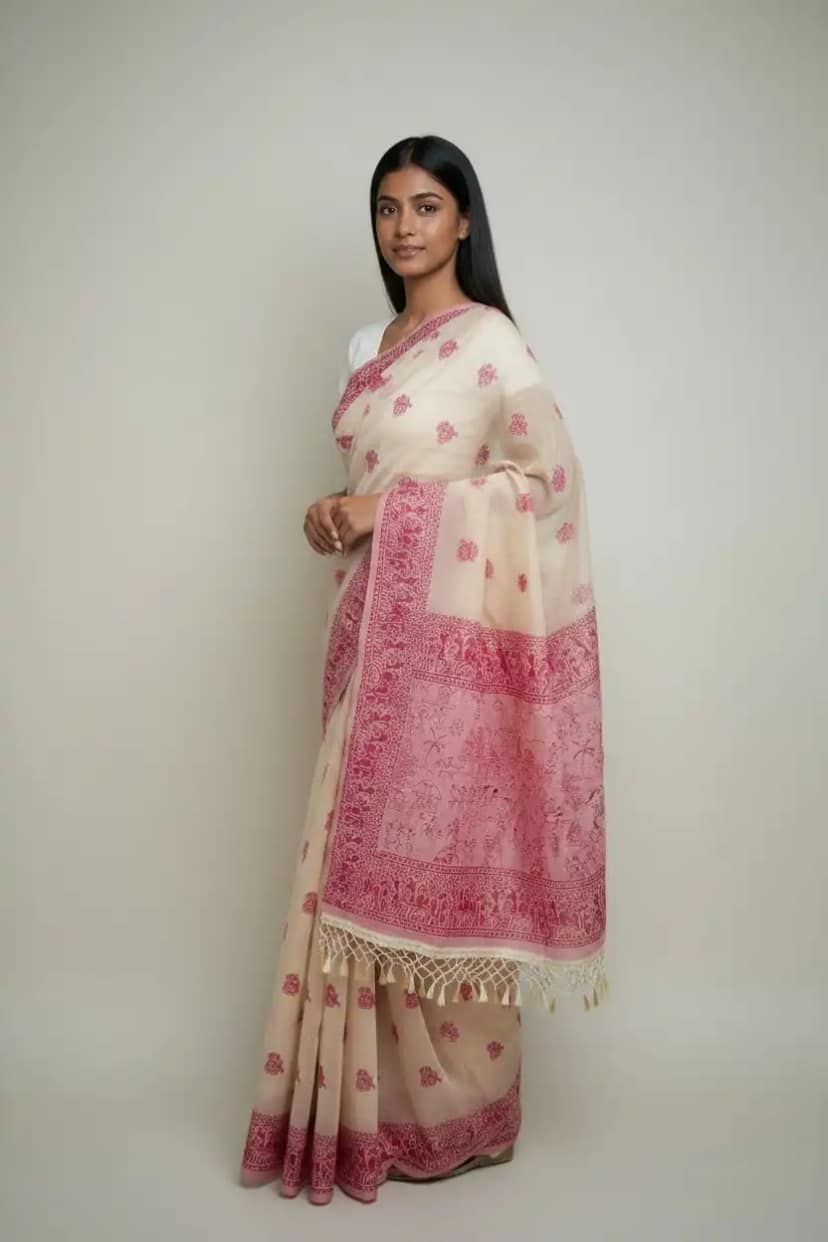 Bomkai Sonepuri Cream Cotton Saree Magenta Pink Buti Border view 2