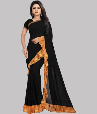 Fashionday Georgette Solid Saree With Unstitched Blouse Piece ( Black )