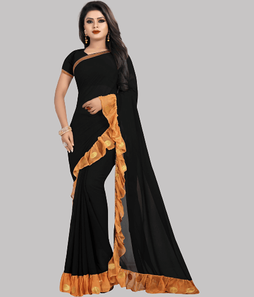 Fashionday Georgette Solid Saree With Unstitched Blouse Piece ( Black )