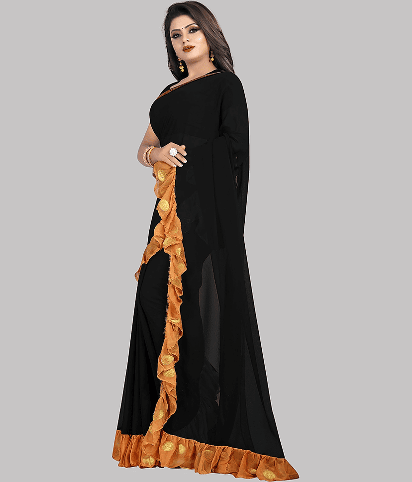 Fashionday Georgette Solid Saree With Unstitched Blouse Piece ( Black ) view 2