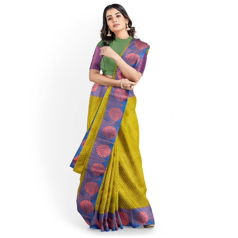 Yellow Green Color Soft Kora Muslin Saree with Unstitched Blouse view 2