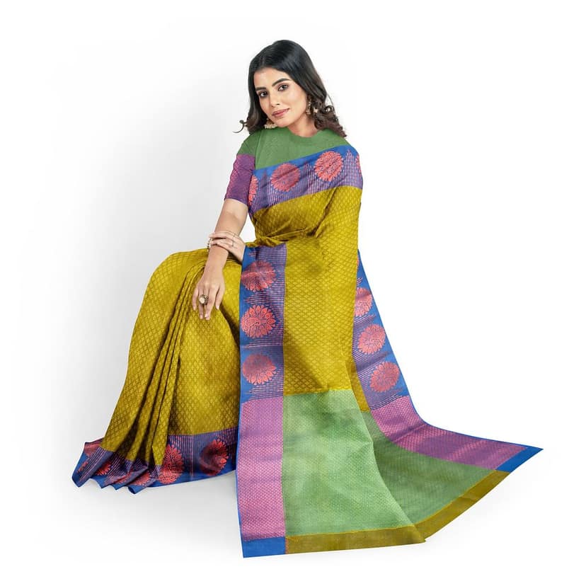 Yellow Green Color Soft Kora Muslin Saree with Unstitched Blouse view 4