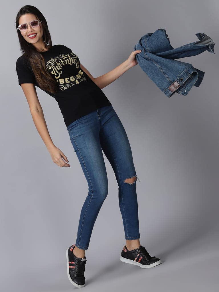 Cotton Black Graphic Casual T-Shirt view 4