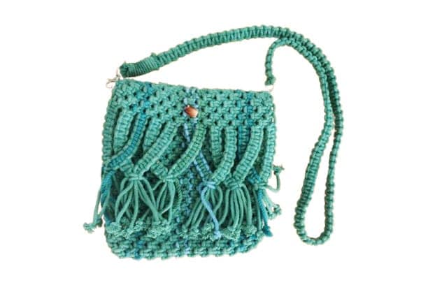 Handmade Teal Macrame Crossbody Bag with Fringe Detailing view 3