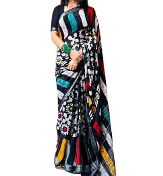 Women's Linen Floral Printed Saree With Unstitched Blouse - 5.5 Mtr (Multicolor)