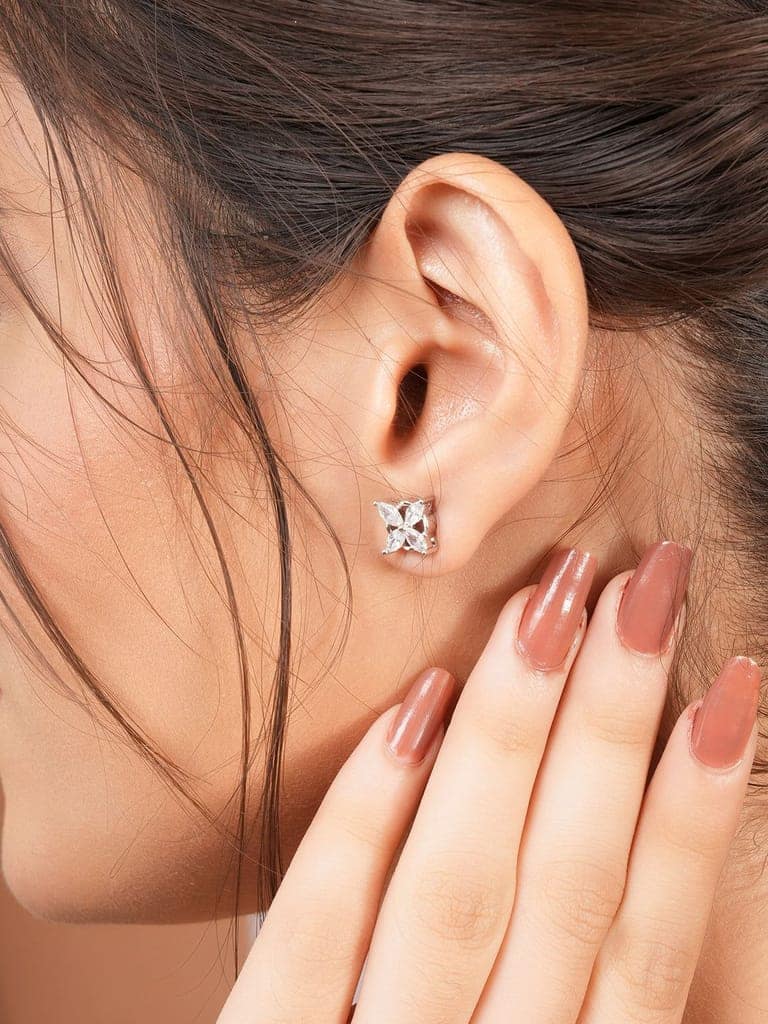 925 Sterling Silver Rhodium Plated CZ Studded Minimal Flower Studds Earrings view 2