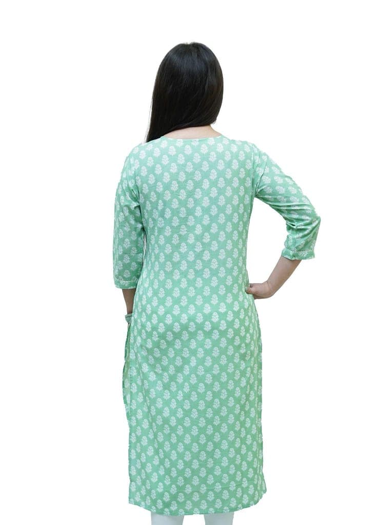 Embellished Cotton hand block printed Sea Green long Kurta with Mirror Work view 4