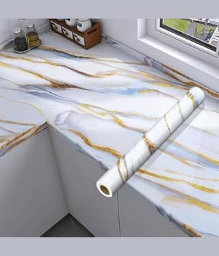 White & Blue Marble Waterproof Oil Proof Wall Paper Furniture Kitchen, Office, Cabinets, Almirah, Tabletop, Wooden Table, Wardrobe, Self Adhesive Sticker (60x200 cm)