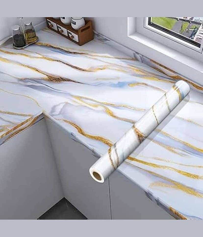 White & Blue Marble Waterproof Oil Proof Wall Paper Furniture Kitchen, Office, Cabinets, Almirah, Tabletop, Wooden Table, Wardrobe, Self Adhesive Sticker (60x200 cm)
