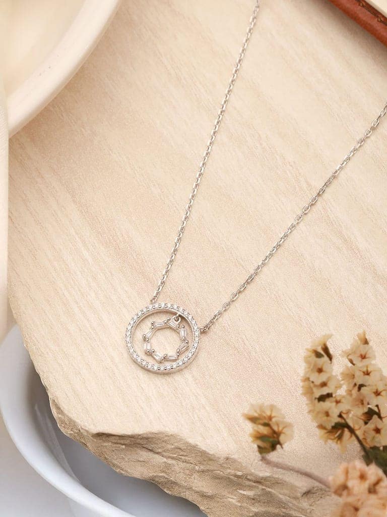 925 Sterling Silver Rhodium Plated Crystals Studded Halo Baguette Ring Necklace & Chain