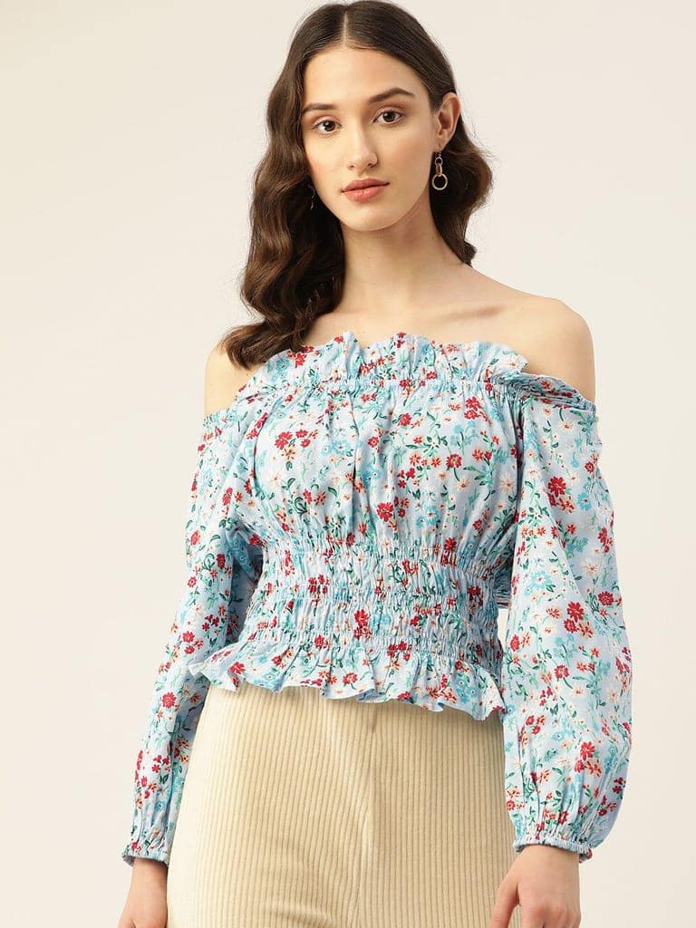 Solid Off-Shoulder Smocked Crepe Top view 3
