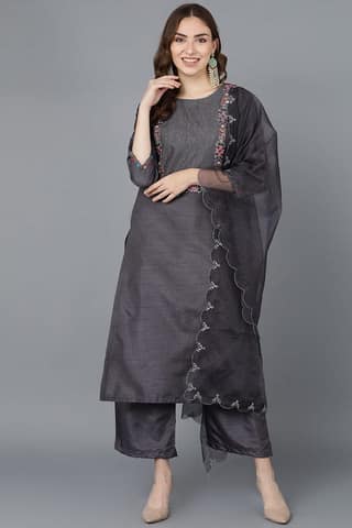Women Charcoal Poly Silk Embroidered Kurta Trousers With Dupatta PKSKD1502
