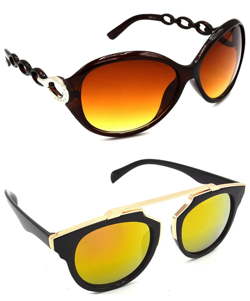 HRINKAR Unisex Round Sunglasses Brown & Golden Frame, Brown & Golden Lens (Medium) - Pack of 2